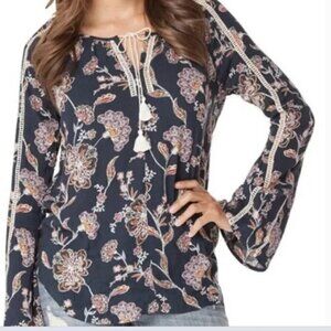 4 for $40 SALE! Lovestitch Floral Print Lace Detail Bell Sleeve Top, Navy, Sz S